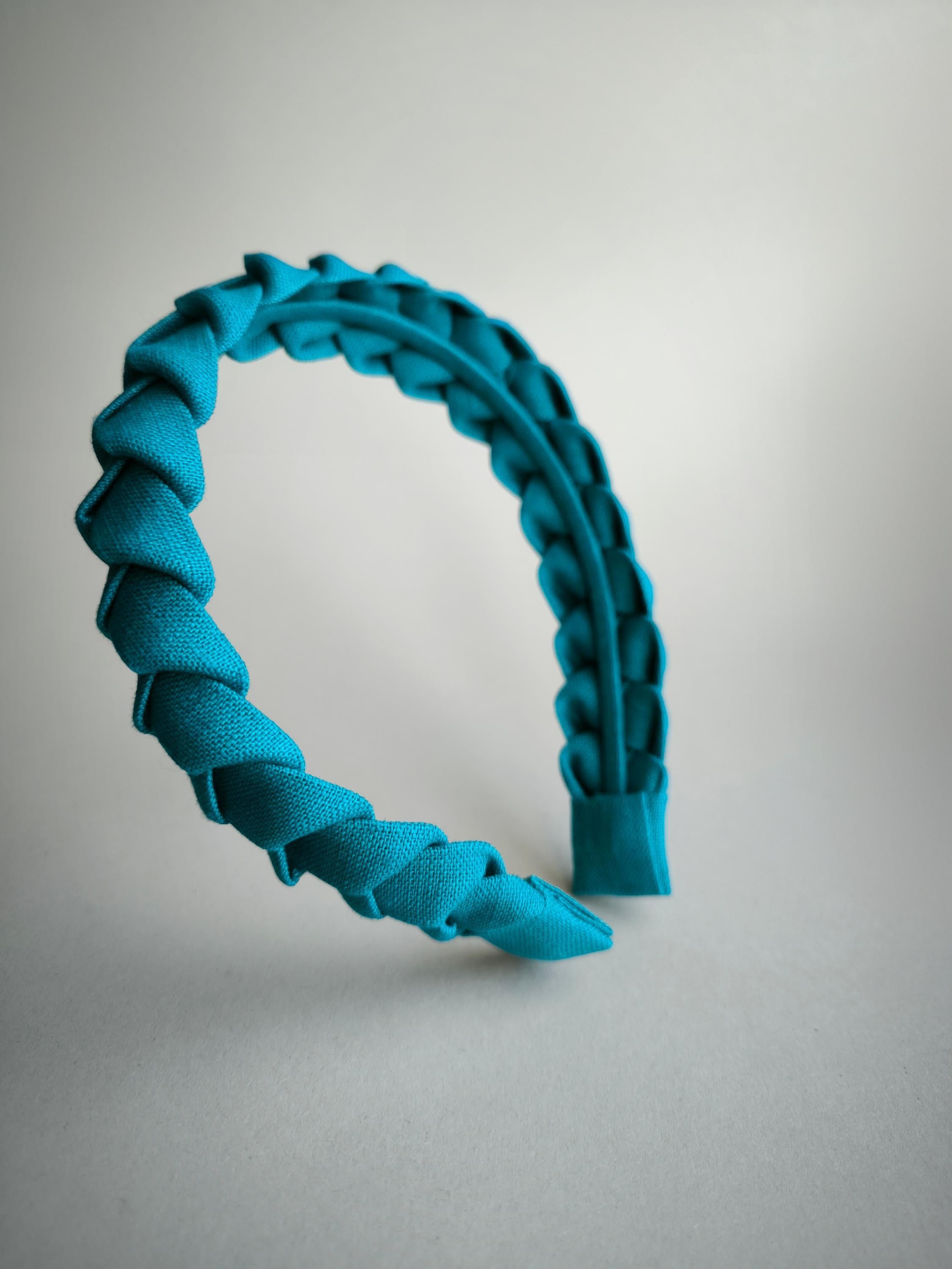 Aqua Blue Linen Braided Hairband